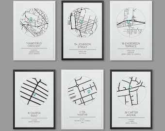 May include: Six black and white framed prints with a white background. Each print features a circle with a black and white map inside. The circle is centered on a blue dot. Each print has a title and address below the circle. The titles are 3 Maryfield Crescent, 154 Johnson Street, 36 Evergreen Terrace, 10 Church Road, 2 Via Martini, and 29 Carter Avenue.