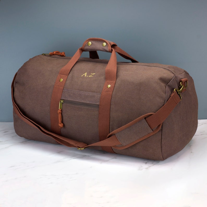 Fourre-tout en toile vintage personnalisé pour hommes Sac de voyage du week-end brodé d'initiales Vintage Brown