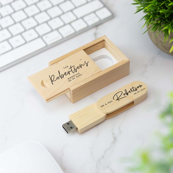 Boîte USB en bois imprimée personnalisée, clé USB, stockage de 64 Go, cadeau de mariage, vacances en famille, fiançailles, premier bébé