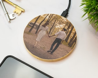 Chargeur de téléphone sans fil photo personnalisé en bois imprimé chargeur de téléphone portable cadeau fête des pères anniversaire cadeaux de noël pour lui