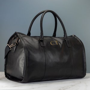 Personalised Mens Leather Holdall Bag Black or Brown Weekend Travel Bag Embroidered with Initials Black