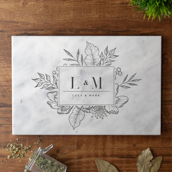 Personalised Solid Marble Chopping Board Custom Printed Cheese Board Botanical Serving Board