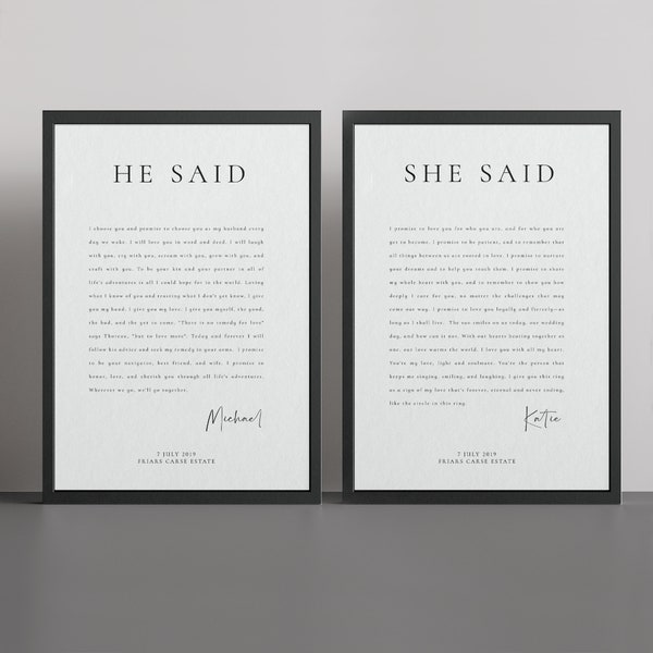 He Said She Said They Said Wedding Vows Wall Art Print Anniversary Gift Wedding Gift Matching Set of 2 - Available With Frame