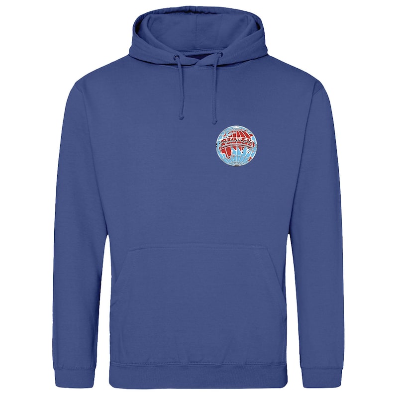 May include: A blue hoodie with a front pocket and a drawstring. The sweatshirt has a circular emblem on the chest with red, white, and blue details, resembling a globe. The garment is made of a soft material.