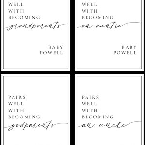 May include: Four printable cards with black text on a white background. The text reads "Pairs well with becoming grandparents", "Pairs well with becoming an auntie", "Pairs well with becoming godparents", and "Pairs well with becoming an uncle". The cards also include the text "Baby Powell" and "Will you be my godparents? Love Oliver X".