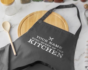 Personalisierte King / Queen of the Kitchen Schürze Backen Custom Name Home Kochen BBQ Chef Verschiedene Farben erhältlich