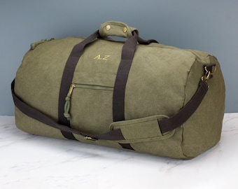Personalised Mens Vintage Canvas Holdall - Weekend Travel Bag Embroidered with Initials