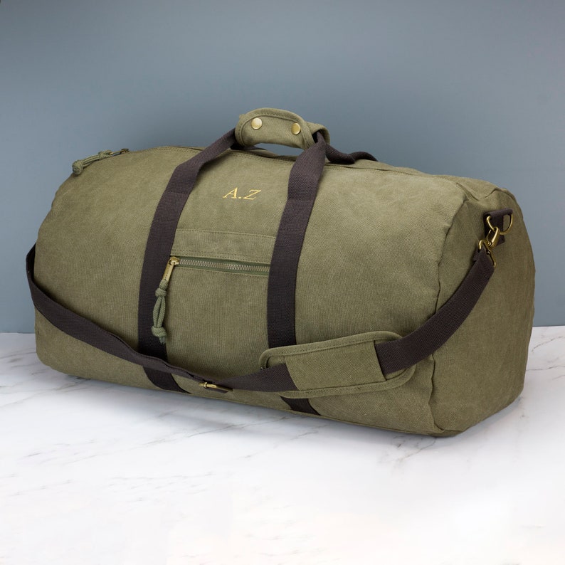 Fourre-tout en toile vintage personnalisé pour hommes Sac de voyage du week-end brodé d'initiales Vintage Khaki Green