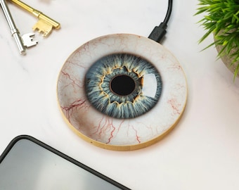 Big Eyeball Wireless Charger Wooden Surreal Trippy Eye Design Retro Gaming Desk Accessory Gift
