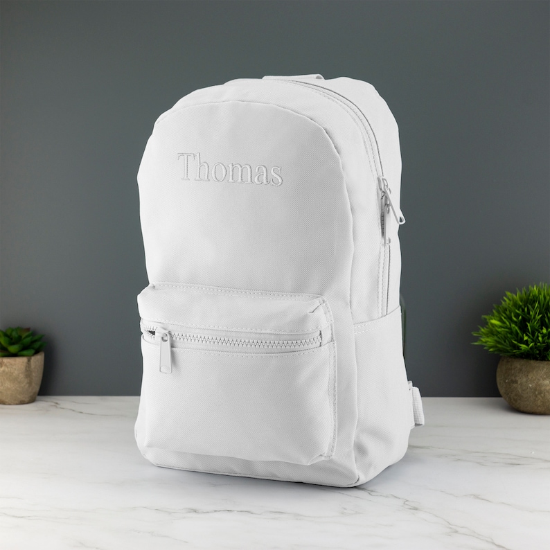 Personalised Kids Backpack Embroidered with Name Initials Choice of Colours School Bag with Adjustable Straps White