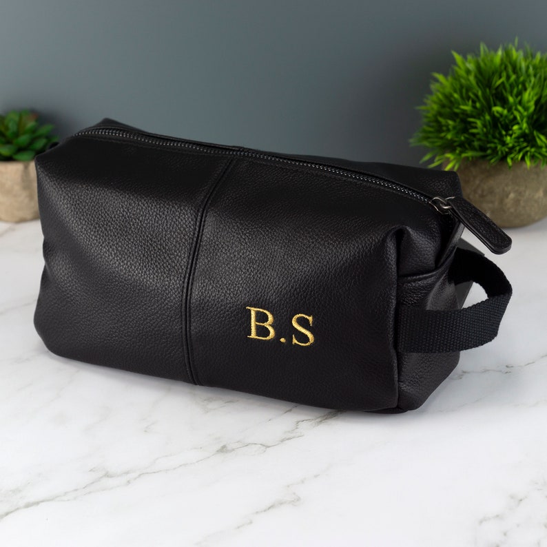 Personalised Embroidered Mens Leather Wash Bag with Strap Black or Brown Mens Vegan Leather Toilet Bag Embroidered with Initials image 2