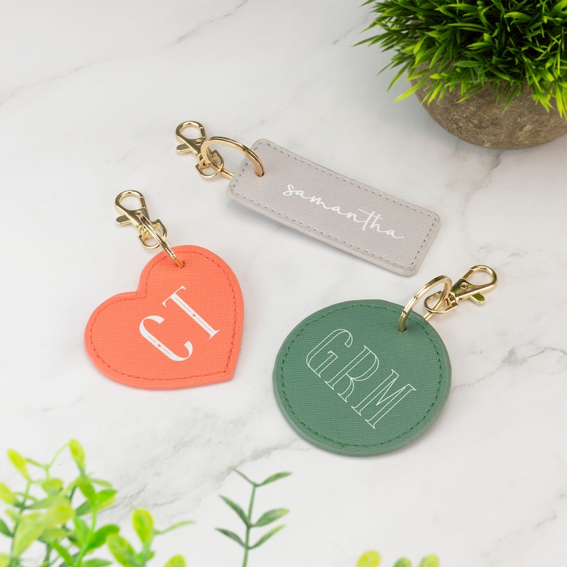 Personalised Keyrings Vegan Leather Keychain Choice of Colours Customised with Initials or Name image 1