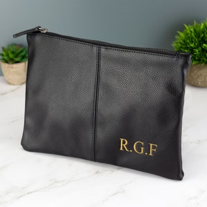 Personalised Mens Leather Accessory Pouch Bag Black or Brown Flat Toilet Bag Embroidered with Initials Black