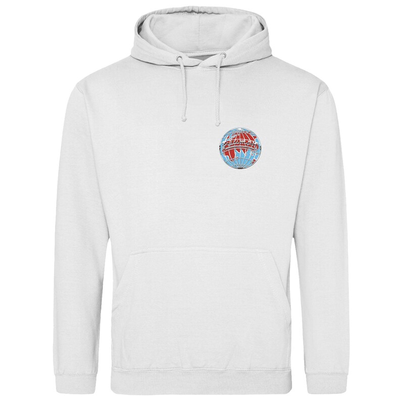 May include: White hoodie with a front pocket and a drawstring hood. The sweatshirt has a small, colourful globe graphic with red and blue details on the upper left chest. A casual, comfortable garment for everyday wear.