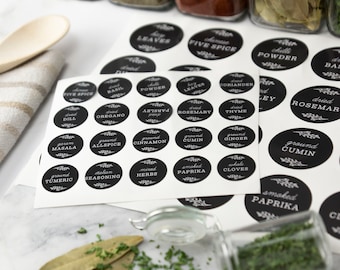 Herbs & Spices Jar Labels - Kitchen Pantry Storage Labels - Vintage Black Look