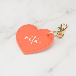 Personalised Keyrings Vegan Leather Keychain Choice of Colours Customised with Initials or Name Heart - Coral Pink