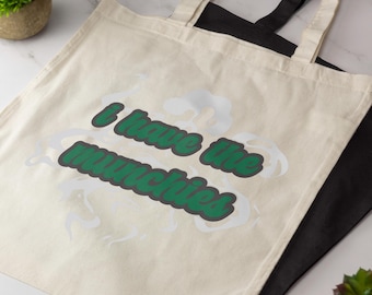 I Have The Munchies Tote Bag Funny Novelty Cotton Shopper Bag Long Handle Tote Retro Green Slogan Snack Lover Gift Reusable Eco Bag Gift
