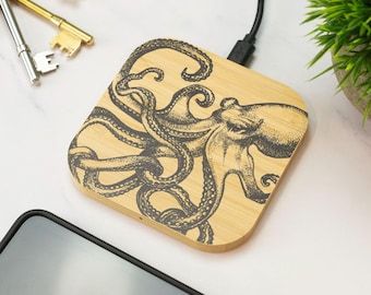 Kraken Wireless Charger Wooden Sea Monster Mythology Fantasy Ocean Nautical Gaming Desk Accessory Gift