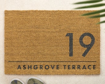 Tapis de porte en brosse, tapis de porte d'entrée personnalisé, imprimé personnalisé, cadeau de première maison pour couple, adresse moderne