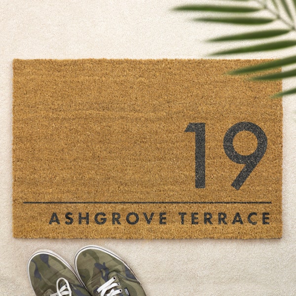 Zerbino con spazzola, zerbino personalizzato per porta d'ingresso, regalo per la prima casa con stampa personalizzata, indirizzo moderno per coppie