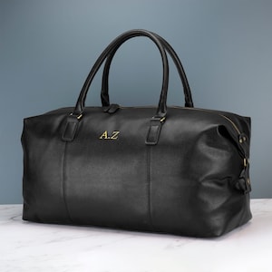 Personalised Mens Leather Holdall Bag Black or Brown 30 Litre Weekend Travel Bag Embroidered with Initials Black