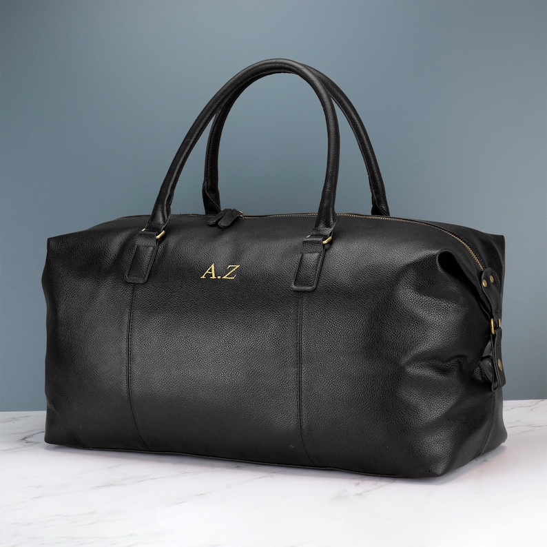 Sac fourre-tout personnalisé en cuir pour homme noir ou marron Sac de voyage de week-end de 30 litres avec initiales brodées Black