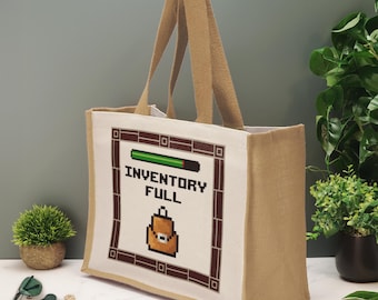 Inventory Full Tote Bag Funny Gaming Novelty Jute Shopping Bag Retro Pixel Gamer Gift Reusable Eco Bag Birthday Christmas Gift For Him Her
