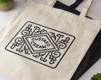 Custard Cream Biscuit Tote Bag Funny Novelty Cotton Shopper Bag Long Handle Tote British Biscuit Foodie Gift Reusable Eco Bag Tea Lover Gift