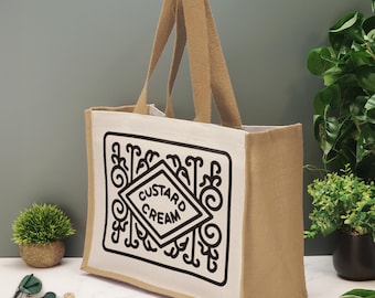 Custard Cream Biscuit Tote Bag Funny Novelty Jute Shopping Bag British Biscuit Foodie Gift Reusable Bag Birthday Christmas Tea Lover Gift