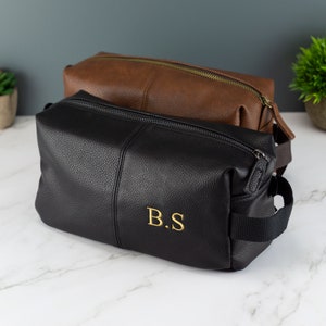 Personalised Embroidered Mens Leather Wash Bag with Strap Black or Brown - Mens Vegan Leather Toilet Bag Embroidered with Initials