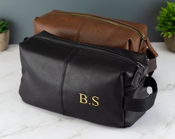 Personalised Embroidered Mens Leather Wash Bag with Strap Black or Brown - Mens Vegan Leather Toilet Bag Embroidered with Initials