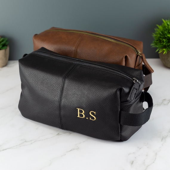 Personalised Embroidered Mens Leather Wash Bag With Strap Black or Brown  Mens Vegan Leather Toilet Bag Embroidered With Initials 