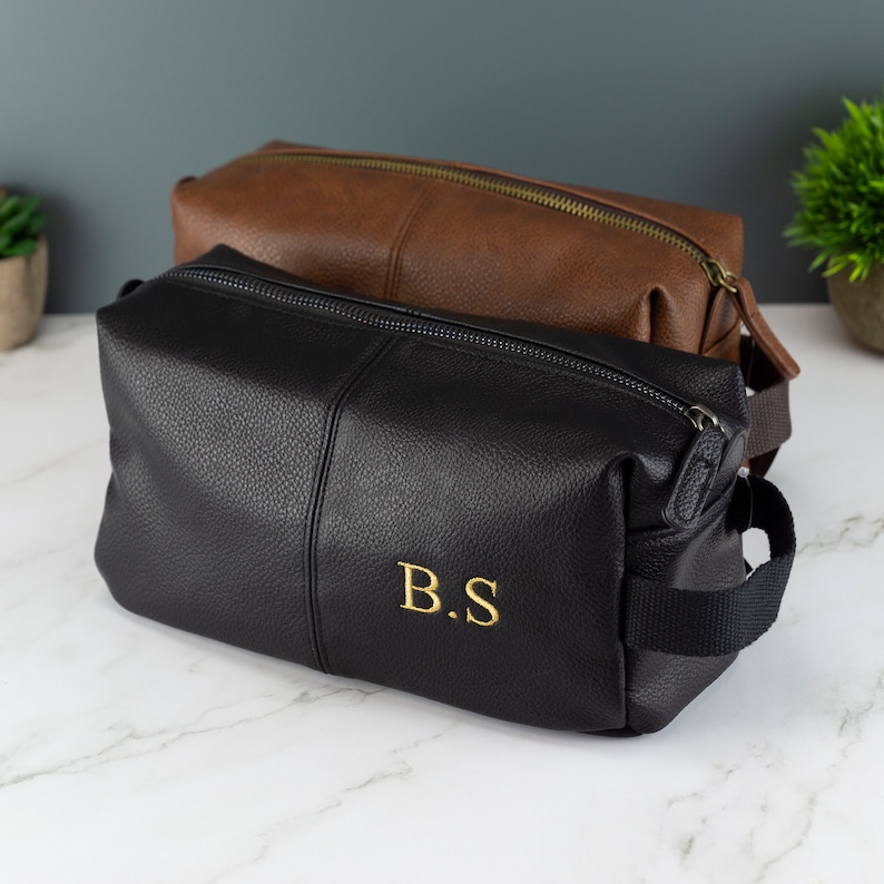 Personalised Embroidered Mens Leather Wash Bag with Strap Black or Brown Mens Vegan Leather Toilet Bag Embroidered with Initials image 1