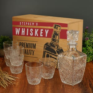 Personalised Whiskey Decanter Set Complete with Custom Printed Box Home Bar, Mancave, Groomsman, Best Man Drink Set Design 6