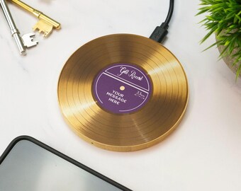 Personalised Gold Vinyl Record Wireless Charger Custom Song Name Wooden Charger Music Lover Gift Anniversary Present