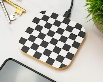 Checkerboard Wireless Charger Wooden Black White Check Pattern Racing Desk Accessory Gift