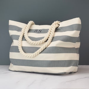 Personalised Nautical Canvas Beach Tote Bag Embroidered Customised Striped Beach Bag Grey/Natural