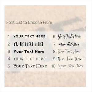 May include: A list of 10 different fonts to choose from. Each font is displayed with the text "YOUR TEXT HERE".