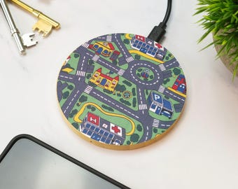 Car Town Wireless Charger Wooden Automotive Street Scene Racing Car Design Desk Accessory Gift