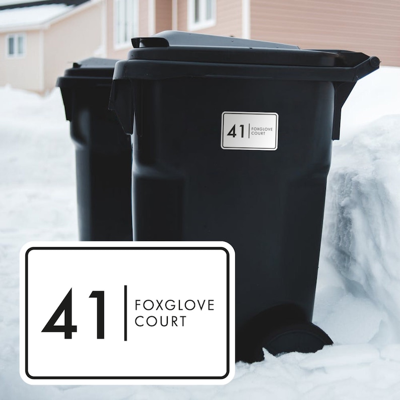 4x Modern Wheelie Bin Number Stickers Trash Garbage Can Stickers Custom House & Street Name Address Labels image 1