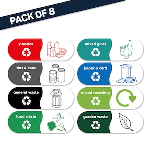 8x Etiquetas de Reciclagem Mistas Lixeira Adesivos Brancos Casa Escritório Cozinha 150 mm