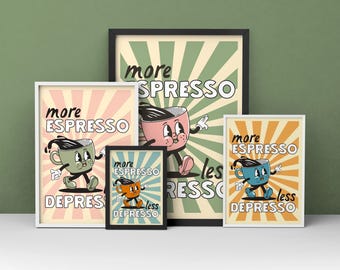More Espresso Less Depresso Funny Coffee Kitchen Cafe Poster Print Wall Decor - Available With Frame