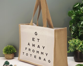 Get Away From My Tote Bag Funny Eye Test Chart Novelty Jute Shopping Bag Sarcastic Gift Reusable Eco Bag Birthday Christmas Gift Optician