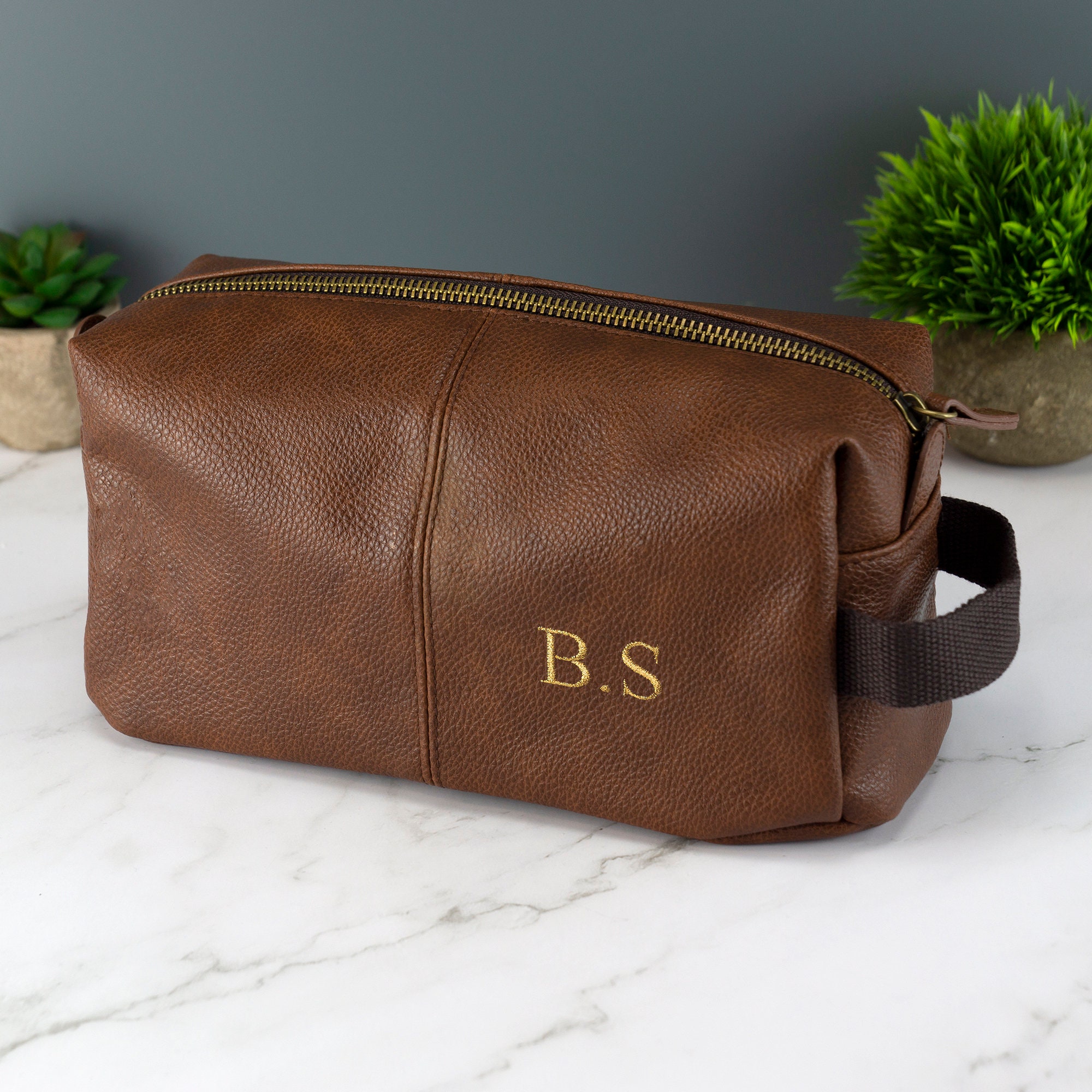Personalised Embroidered Mens Leather Wash Bag with Strap Black or Brown - Mens Vegan Leather Toilet Bag Embroidered with Initials