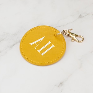 Personalised Keyrings Vegan Leather Keychain Choice of Colours Customised with Initials or Name Circle - Mustard