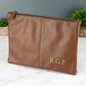 Personalised Mens Leather Accessory Pouch Bag Black or Brown Flat Toilet Bag Embroidered with Initials Brown
