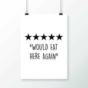 Peut inclure: Une affiche blanche avec cinq &eacute;toiles noires et le texte "WOULD EAT HERE AGAIN".