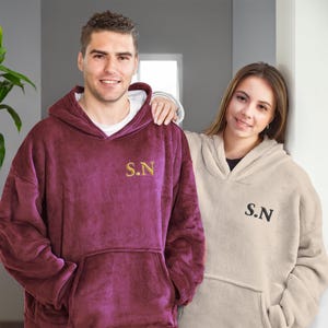 Embroidered Oversized Hoodie Custom Initials Personalised Fleece Hoodie For Him For Her Couples Gift