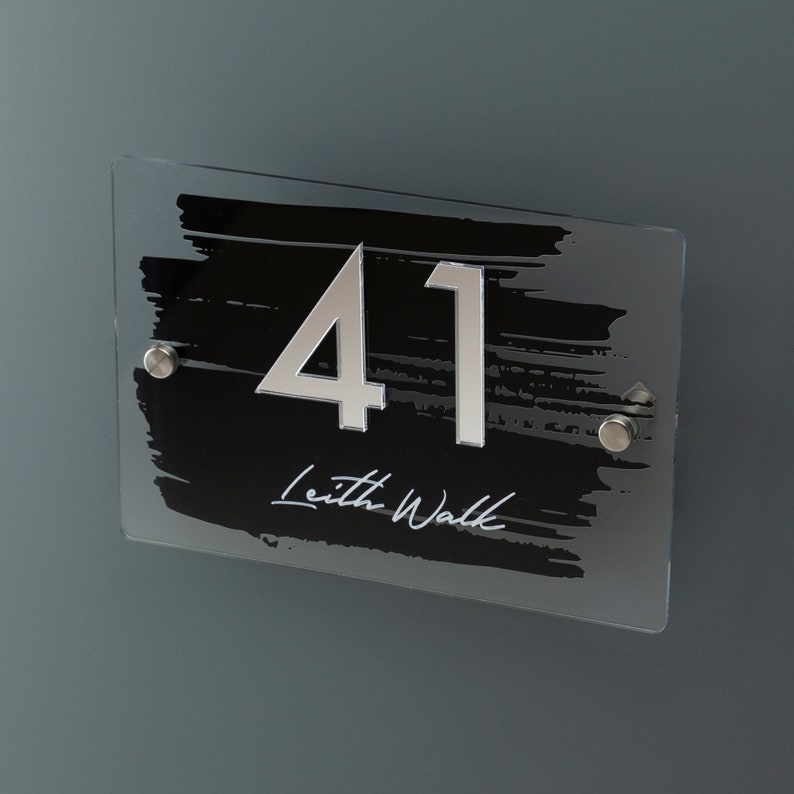 Huisnummerbord Gedrukt Adres Deurbewegwijzering Geschilderde penseelstreek met spiegel Acryl Meerdere maten beschikbaar afbeelding 8
