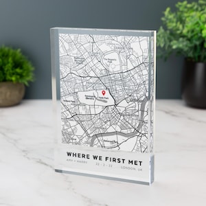 Où nous nous sommes rencontrés pour la première fois Impression personnalisée de la carte de la ville Bloc acrylique personnalisé N'importe quel endroit Premier rendez-vous Là où tout a commencé Anniversaire Cadeau déco